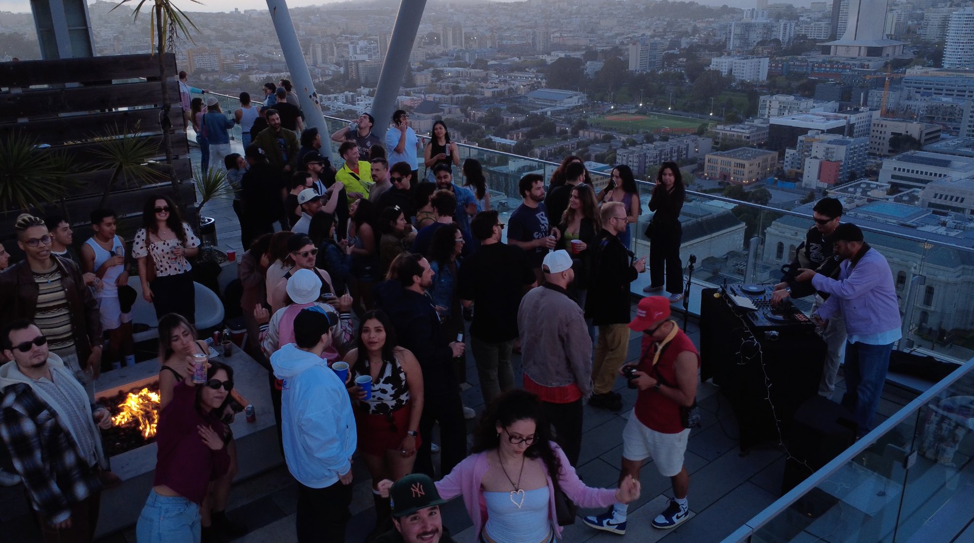 Drone view of On Location rooftop with San Francisco skyline