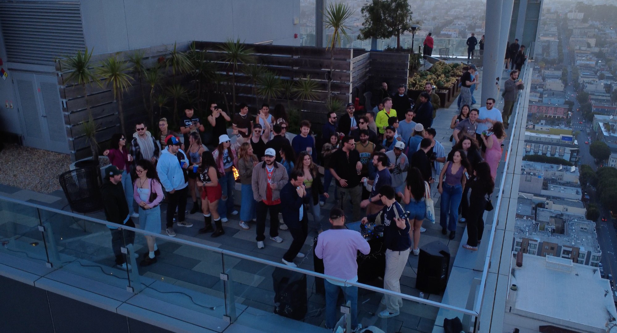 Elevated aerial view of the rooftop event